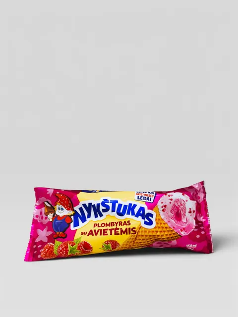 Iskrem i vaffelkoin med bringebærfyll og yoghurtovertrekk med bringebærbiter NYKŠTUKAS 150ml (876)