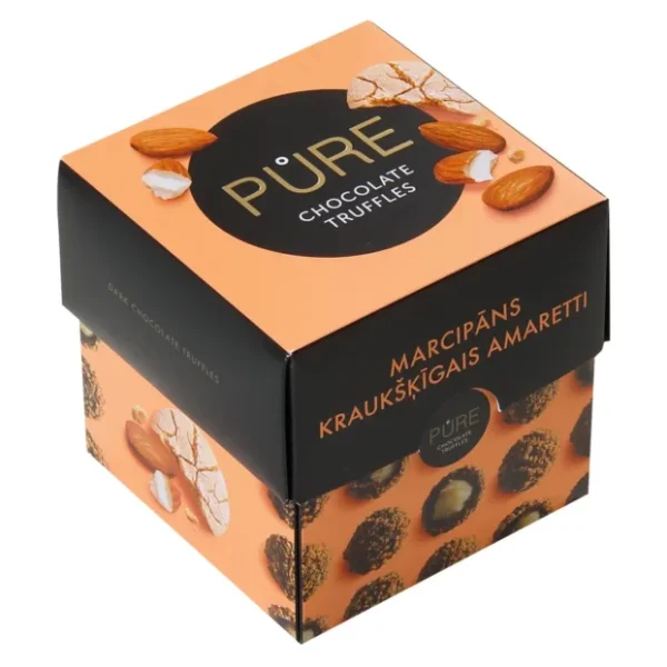 Mørk sjokoladetrøfler med marsipankremfyll og sprø amarettikjeksdekor PURE 96g