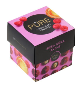 Melkesjokoladetrøfler med ostekakekremfyll og bringebærpynt PURE 96g