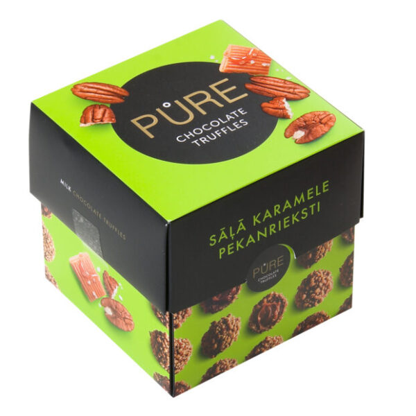 Melkesjokoladetrøfler med salt karamellkremfyll og pekandekor PURE 110g