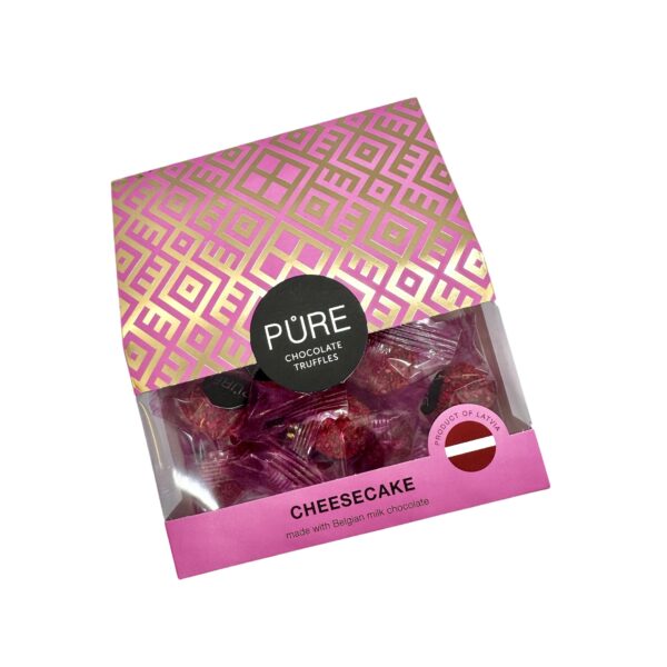 Melkesjokoladetrøfler med ostekake-smakskrem og bringebærdekor PURE 96g