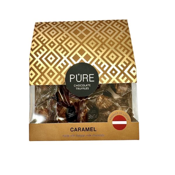 Melkesjokoladetrøfler med karamellfyll og vaffeldekor PURE 100g