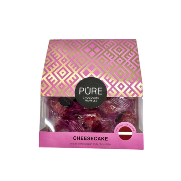 Melkesjokoladetrøfler med ostekake-smakskrem og bringebærdekor PURE 96g