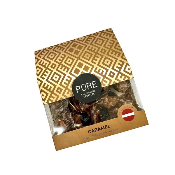 Melkesjokoladetrøfler med karamellfyll og vaffeldekor PURE 100g