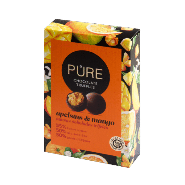 Sjokoladetrøfler med appelsin-mangokremfyll PURE 148g