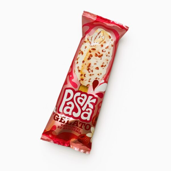 Vaniljesmak-is med bringebærfyll og yoghurt-smakstrekk med bringebærbiter PASAKA GELATO  82g,(542)